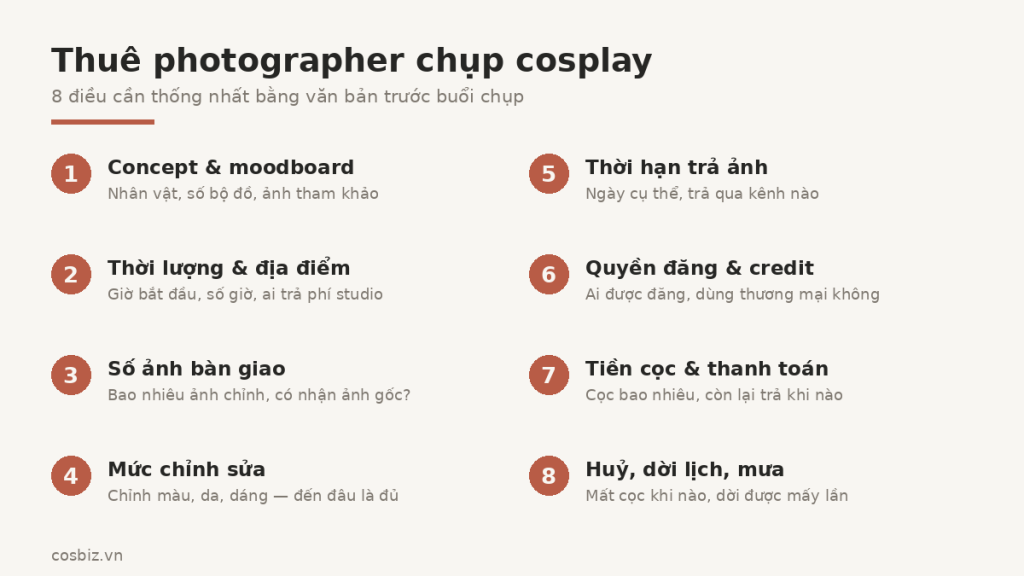 Checklist 8 điều cần thống nhất với photographer trước buổi chụp cosplay: concept, thời lượng và địa điểm, số ảnh, mức chỉnh sửa, thời hạn trả ảnh, quyền đăng và credit, tiền cọc, huỷ và dời lịch